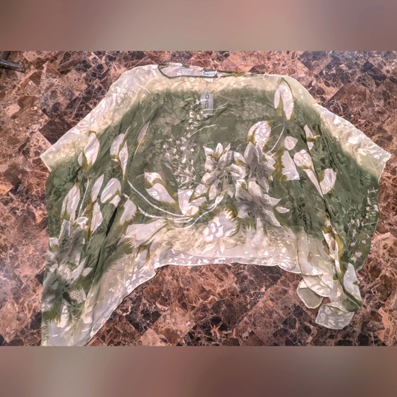 Chico's Silk Blend, Sheer Green Floral Print Poncho - Picture 2 of 5